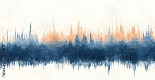 Abstract cityscape skyline,  blurred and textured, with a soft color palette of blue and orange.  Depicts a city's outline