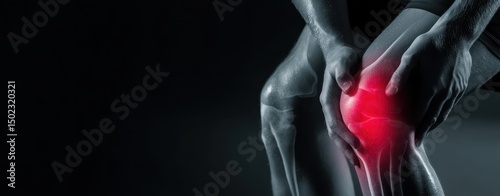 Person's hands gripping a knee with highlighted red inflammation, suggesting pain and injury against a dark background