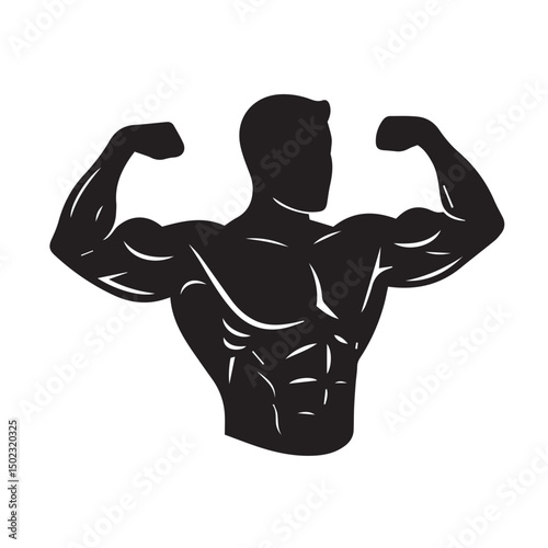 Silhouette illustration of a muscular bodybuilder flexing biceps in black and white