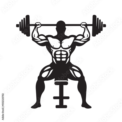 Vector illustration of a muscular bodybuilder performing a bench press exercise in black silhouette