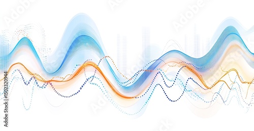 Abstract wavy lines design with light blue, orange and  transparent layers.  Data visualization or audio waveform representation.  Dotted and solid lines in a flowing pattern