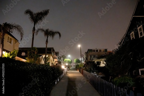 Fototapeta Naklejka Na Ścianę i Meble -  Looking up the roads and paths of small beach town neighborhoods, showing various styles of homes during late evening hours. 