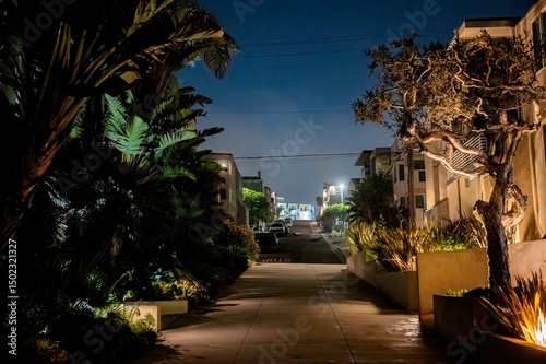 Fototapeta Naklejka Na Ścianę i Meble -  Looking up the roads and paths of small beach town neighborhoods, showing various styles of homes during late evening hours. 