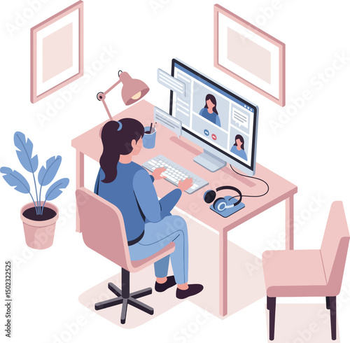Woman working on laptop sitting on chair at desk in home interior. Flat characters.