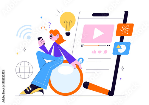 Online Education and Knowledge Books Illustration Featuring People Studying with School Supplies and Learning Materials Platform in a Background