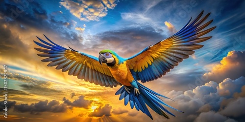 Vibrant blue and gold macaw spreads its majestic wings, displaying stunning rainbow hues, as it takes to the sky, flying away in a flash of colorful glory.