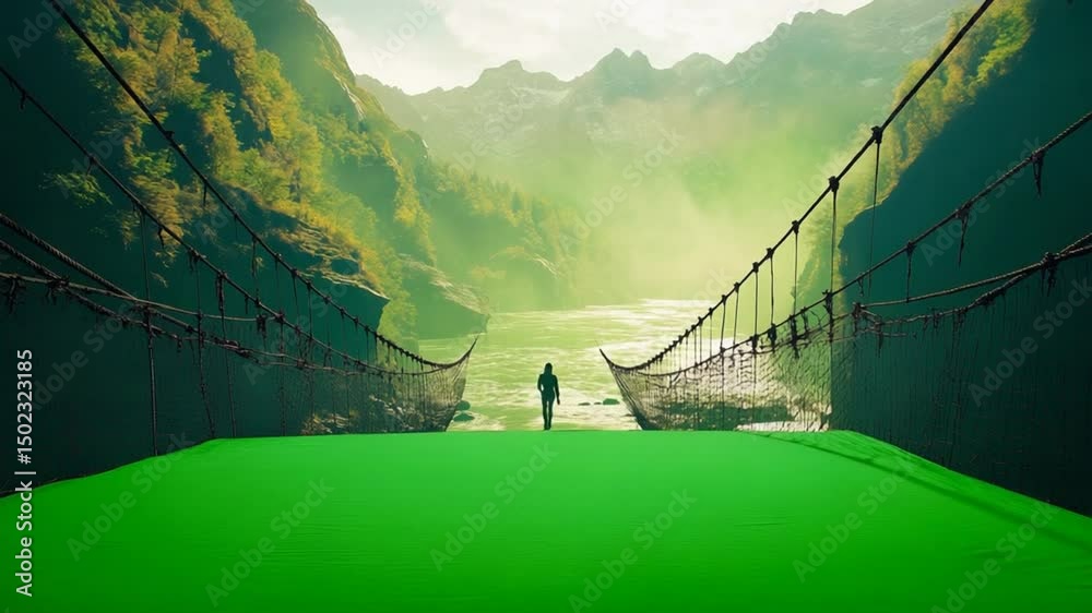 A solitary figure ventures across a precarious rope bridge, traversing a misty mountain valley.