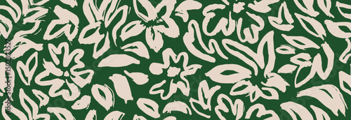 Abstract silhouette contemporary floral seamless pattern with ink brush texture. 