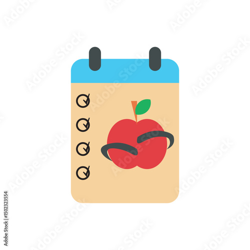 Flat calendar icon with apple illustration. Perfect for diet tracking, health apps, fitness schedules, and meal planning visuals.
