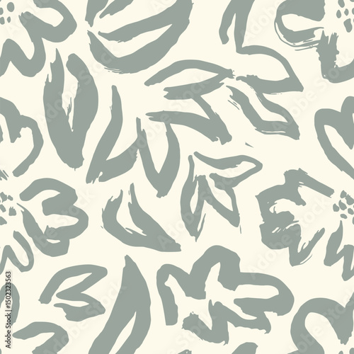 Minimalistic abstract contemporary flower and leaf shape seamless pattern on brush style.