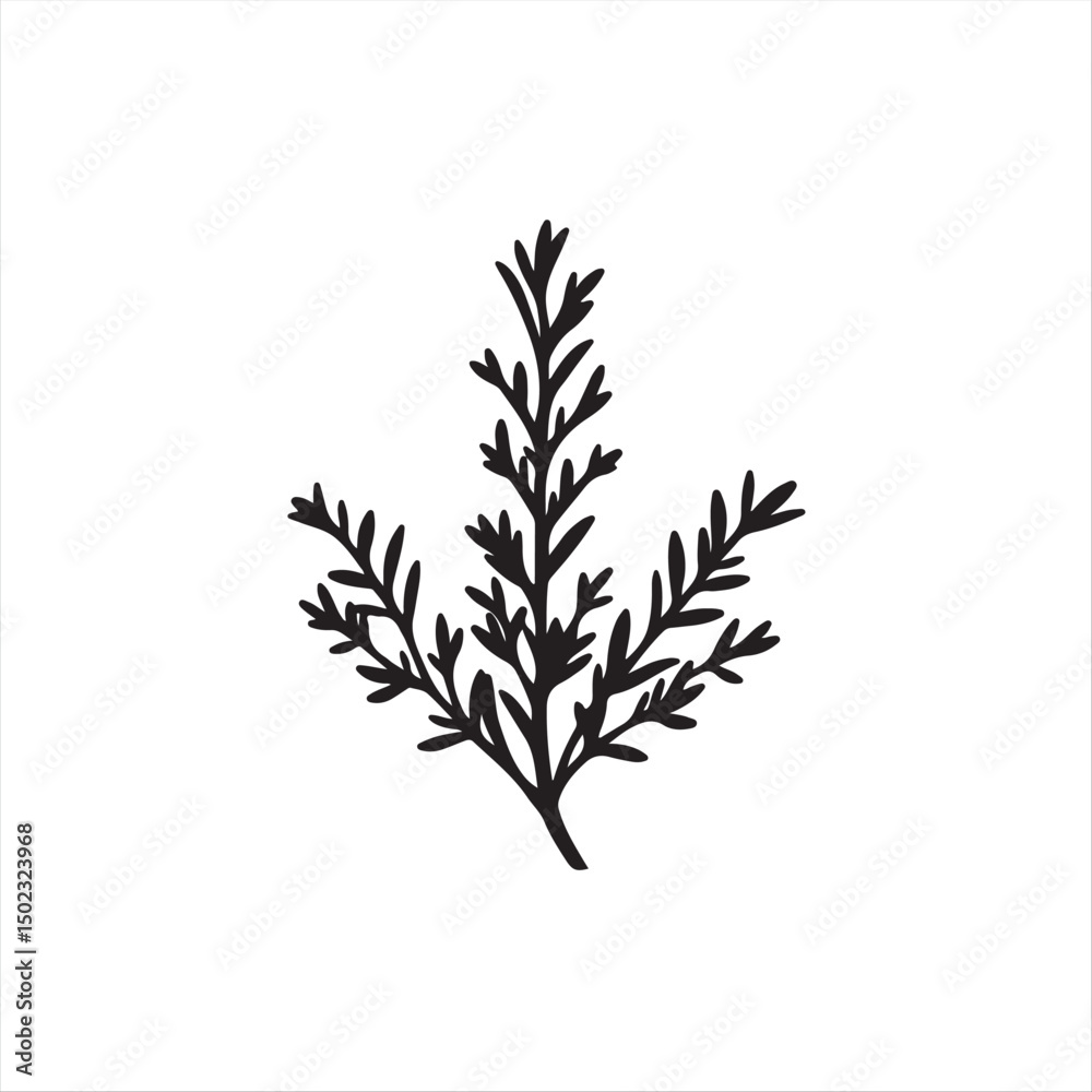Fototapeta premium A classic black and white vector logo silhouette of rosemary on a white background. The style is timeless and elegant, utilizing geometric shapes and clean lines for balance, symmetry, and visual