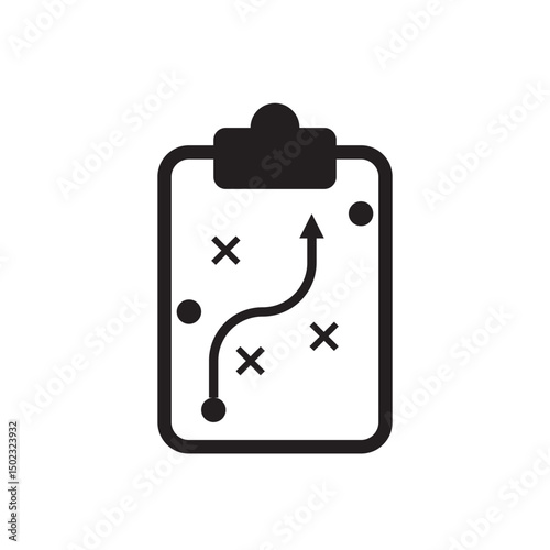 Vector image showing a clipboard with directional arrows and X marks, representing planning, decision-making, and strategic action.