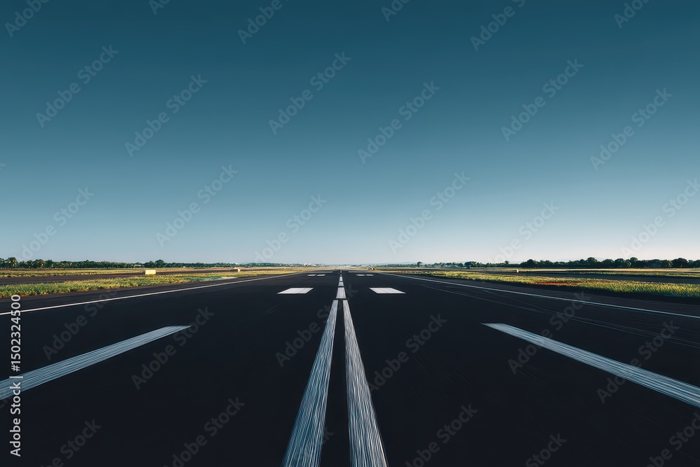 Naklejka premium Runway vanishing point, asphalt texture, clear blue sky, green fields on either side, perspective lines converging to horizon