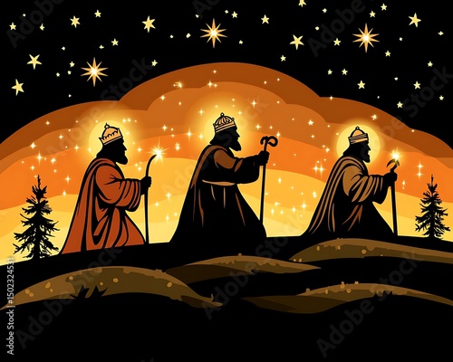 Three Wise Men journey under starry sky