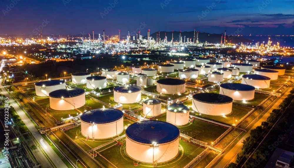 Fototapeta premium Aerial View of Oil Refinery at Night