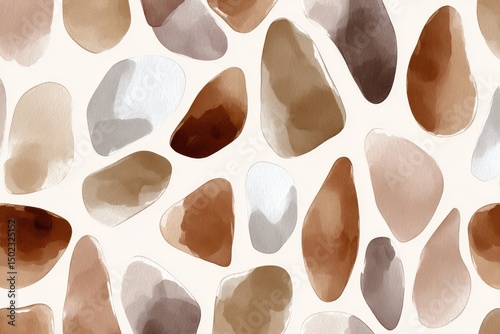 Abstract watercolor pattern of various sized, irregularly shaped, earthy-toned pebbles on a white background