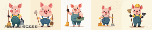Cute Flat Vector Pig Janitor Character in Overalls Holding Broom and Shovel – Clean Cartoon Design