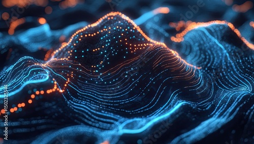 Abstract digital landscape with glowing lines and points, depicting complex data formations.  Intertwined patterns of light orange and cyan create a dynamic, mountainous topography effect
