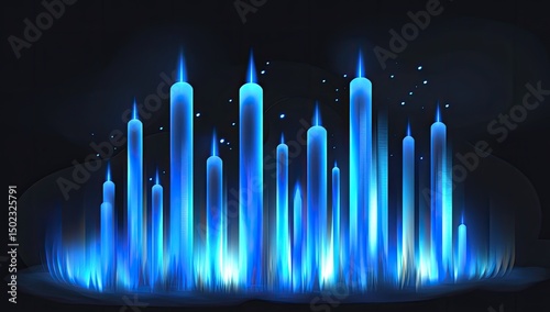 Glowing blue candles in a dark environment, with stylized flames