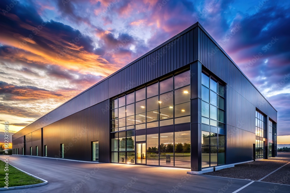 Obraz premium A sleek modern black warehouse exterior with expansive glass windows gleams at dusk, set against a moody blue-purple sky, captured in stunning wide-angle detail.