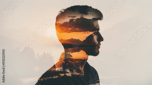 A serene double exposure of a man's silhouette with a stunning mountain sunset in the background.