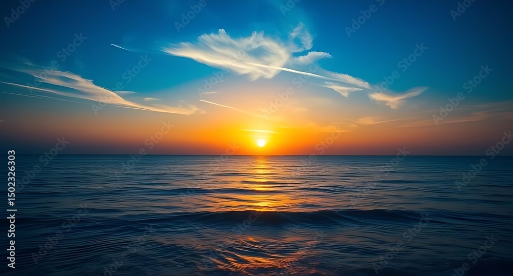 Obraz premium Ocean Sunset with Radiant Golden Light, Streaky Clouds, and Gentle Waves Reflecting the Sun