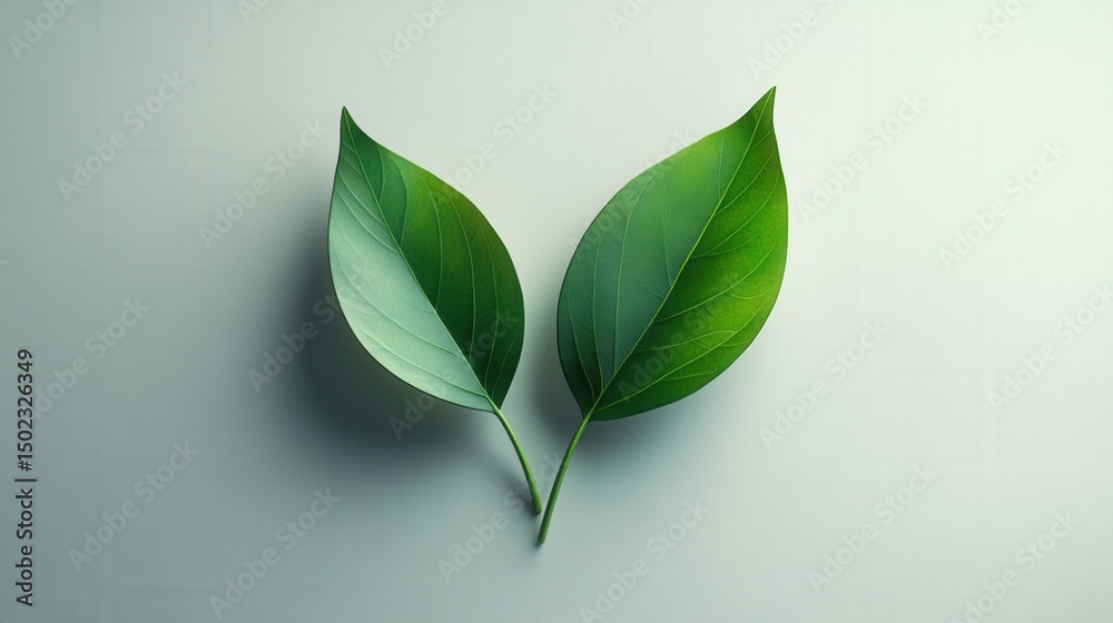 Fototapeta premium Two fresh green leaves arranged neatly, representing natural beauty and vitality.