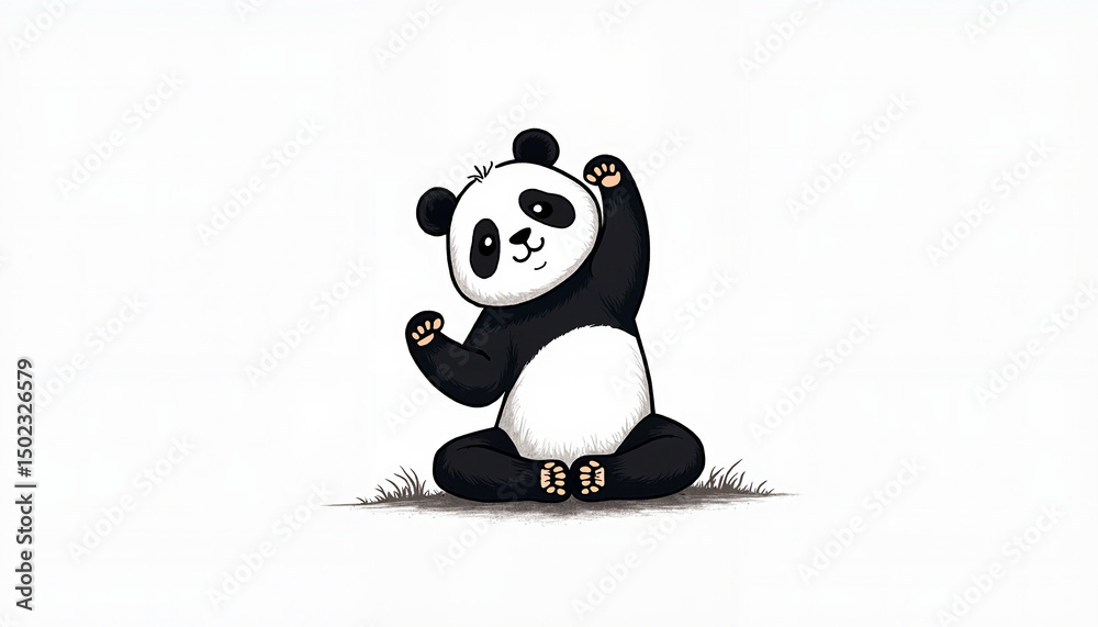 Fototapeta premium Cute cartoon panda waving with grass background