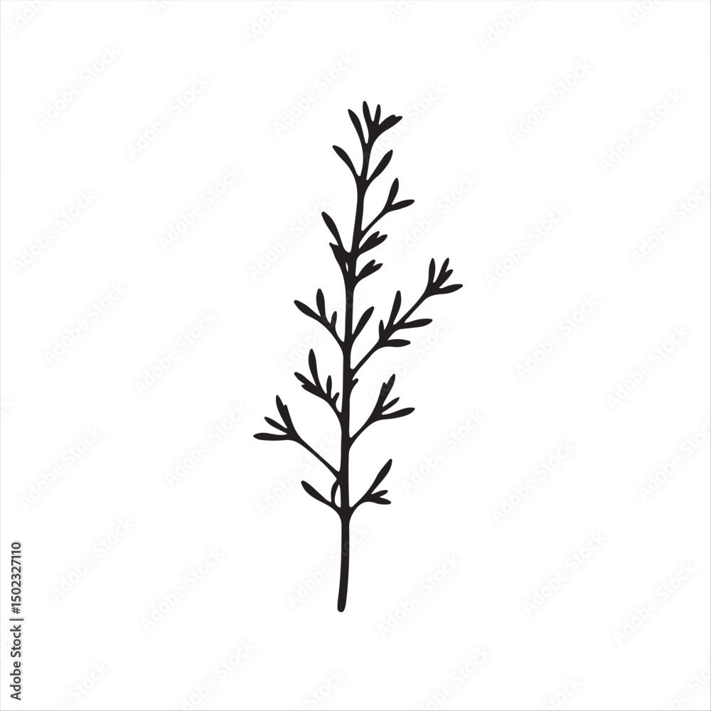 Fototapeta premium A timeless and elegant vector illustration of a rosemary silhouette in classic black and white, employing a modern flat design aesthetic. The two-dimensional shape is set against a white background