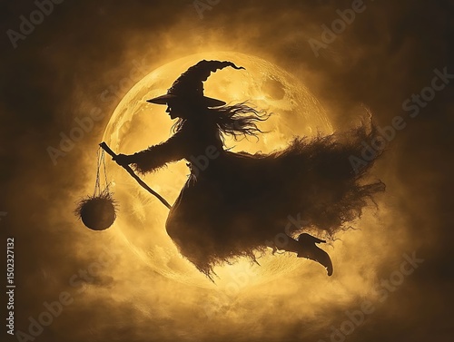 Witch flying on a broom, full moon