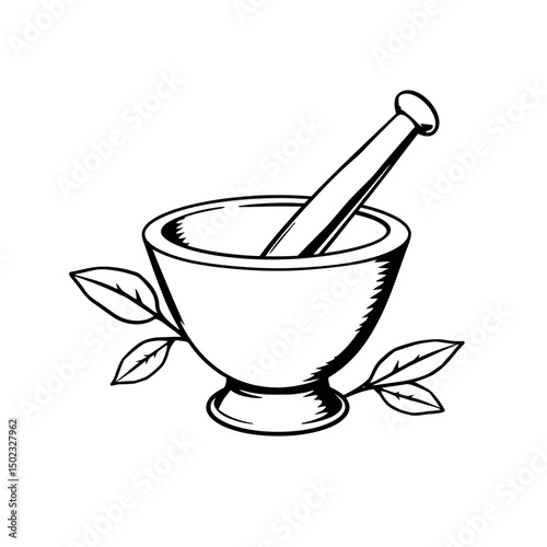 Hand drawn mortar and pestle with leaves isolated on white background