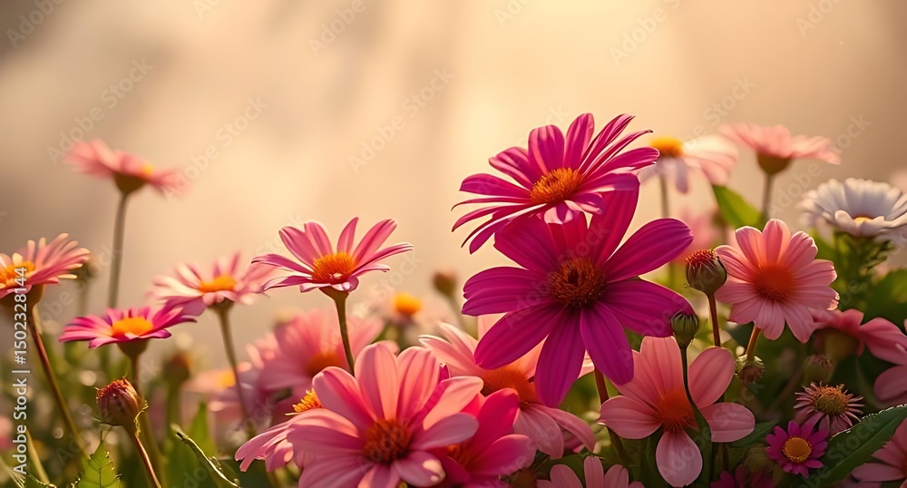 Pink and Magenta Daisy Flower Field Under Warm Light, Floral Closeup View Pink and Magenta Daisy Flower Field Under Warm Light, Floral Closeup View