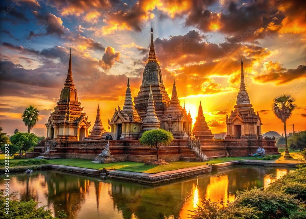 Fototapeta premium Vibrant orange sunset illuminates a majestic ancient temple in Thailand, its intricately carved spires and tranquil surroundings bathed in warm, golden evening light.