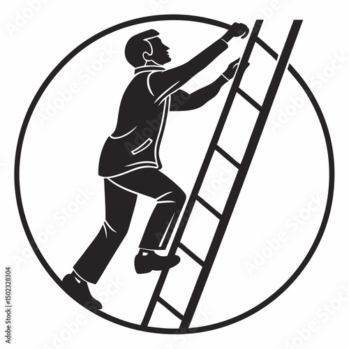 vector icon of a person climbing a ladder, black silhouette, white background, clean and minimalist design