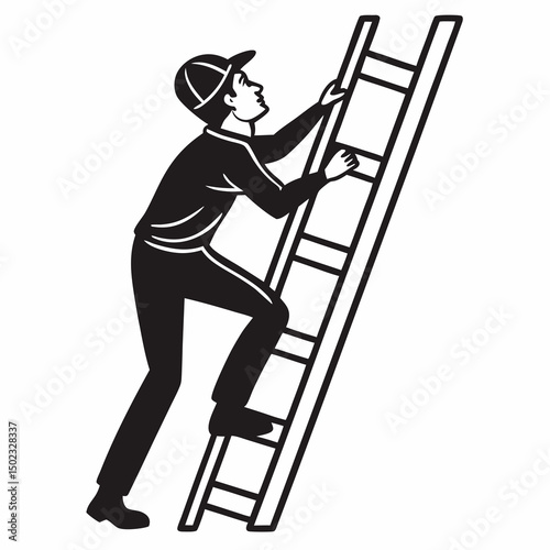 vector icon of a person climbing a ladder, black silhouette, white background, clean and minimalist design