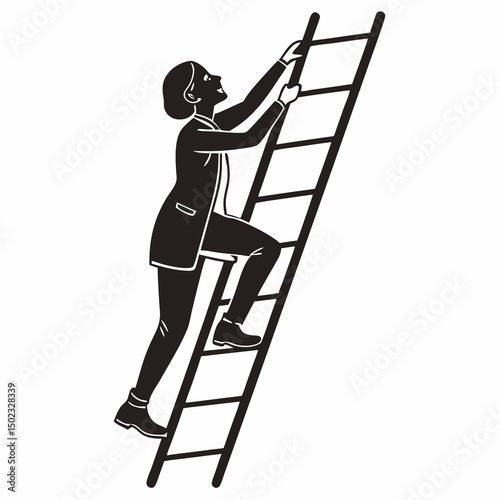 vector icon of a person climbing a ladder, black silhouette, white background, clean and minimalist design