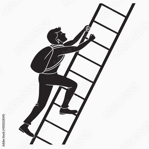 vector icon of a person climbing a ladder, black silhouette, white background, clean and minimalist design