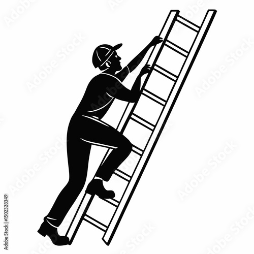 vector icon of a person climbing a ladder, black silhouette, white background, clean and minimalist design