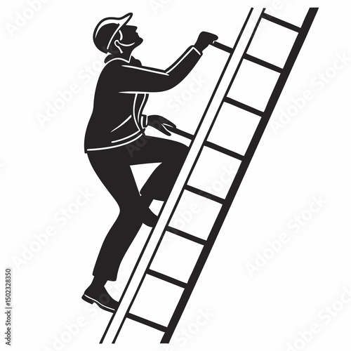 vector icon of a person climbing a ladder, black silhouette, white background, clean and minimalist design