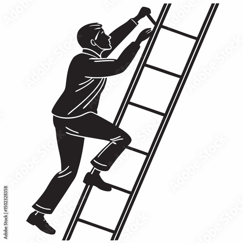 vector icon of a person climbing a ladder, black silhouette, white background, clean and minimalist design