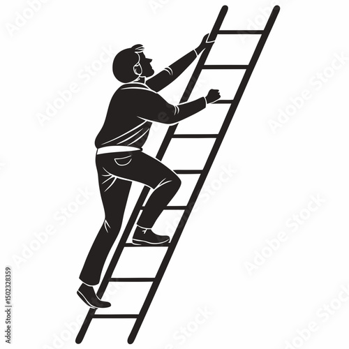 vector icon of a person climbing a ladder, black silhouette, white background, clean and minimalist design