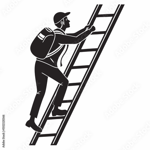 vector icon of a person climbing a ladder, black silhouette, white background, clean and minimalist design