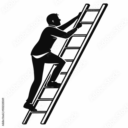 vector icon of a person climbing a ladder, black silhouette, white background, clean and minimalist design