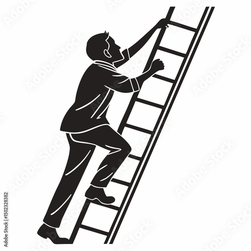 vector icon of a person climbing a ladder, black silhouette, white background, clean and minimalist design