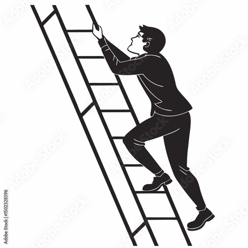 vector icon of a person climbing a ladder, black silhouette, white background, clean and minimalist design