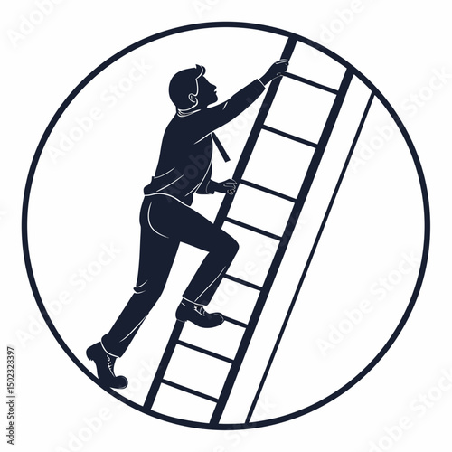 vector icon of a person climbing a ladder, black silhouette, white background, clean and minimalist design