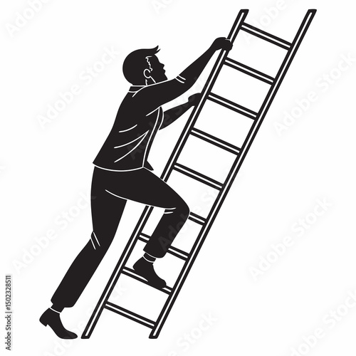 vector icon of a person climbing a ladder, black silhouette, white background, clean and minimalist design