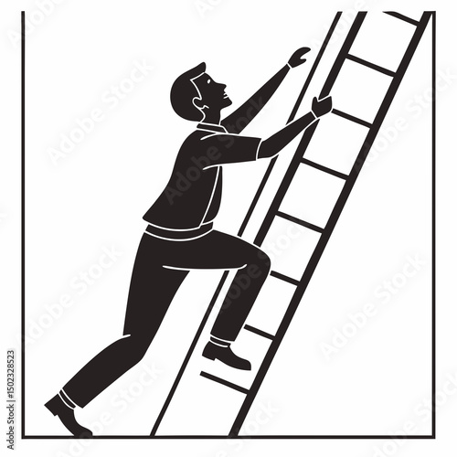 vector icon of a person climbing a ladder, black silhouette, white background, clean and minimalist design