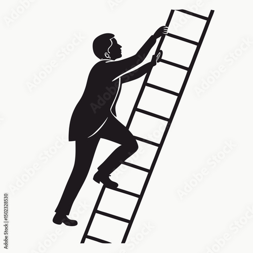 vector icon of a person climbing a ladder, black silhouette, white background, clean and minimalist design