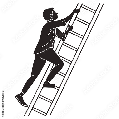 vector icon of a person climbing a ladder, black silhouette, white background, clean and minimalist design